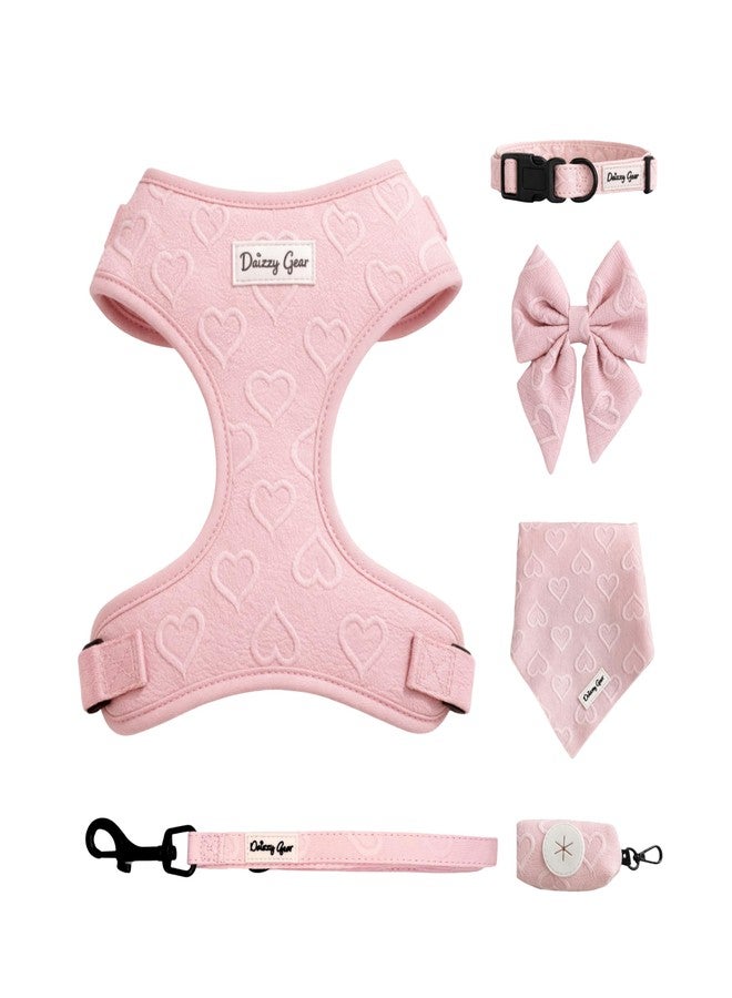 Daizzy Gear Medium Dog Harness Set - Cute No Pull, All Weather, Breathable Harness and Leash Set with Collar, Bandana, Sailor Bow & Poop Bag Holder - Adjustable, Soft & Stylish - Pink Hearts on Jacquard Fabric - Image 1