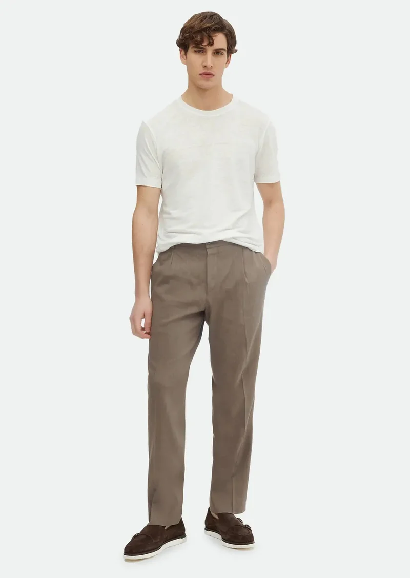 RAMSEY Ecru Plain Crew Neck 100% Linen T-Shirt