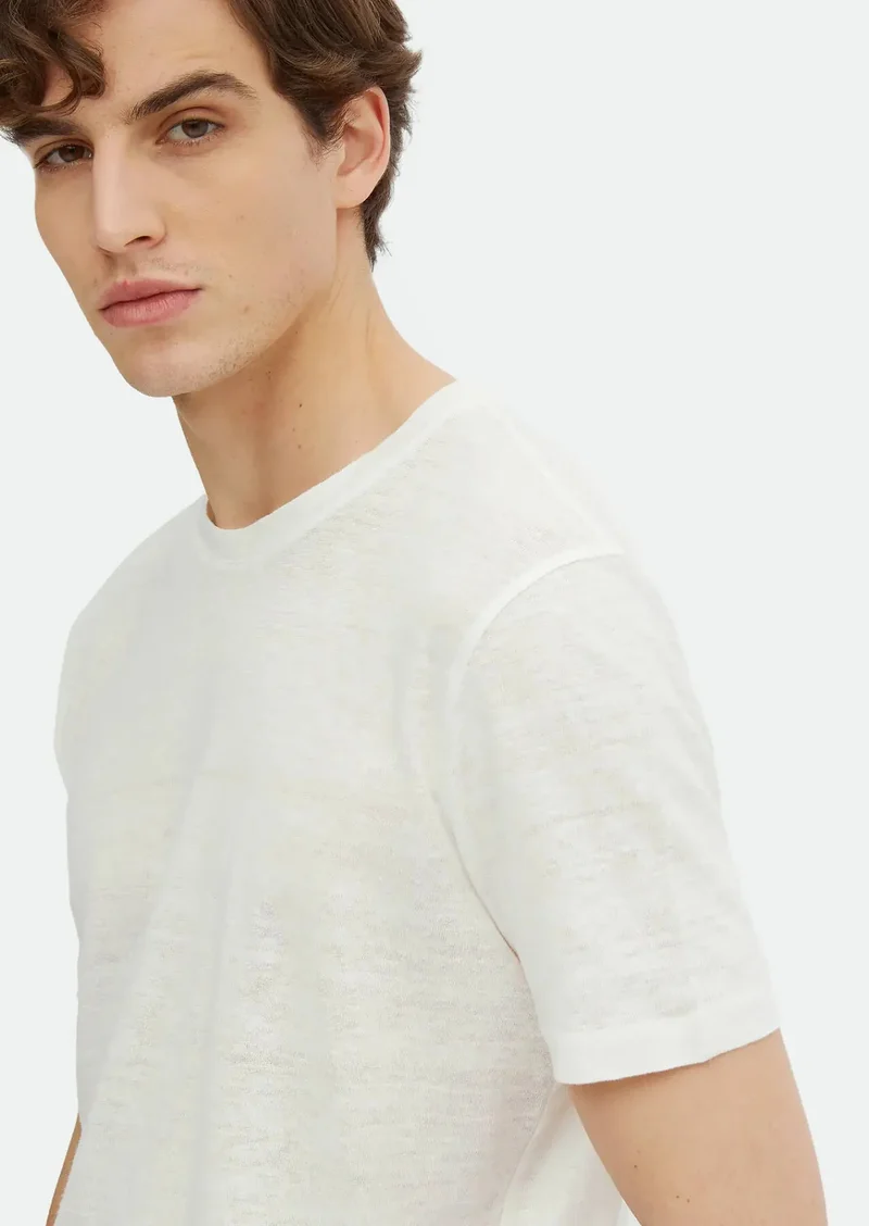 RAMSEY Ecru Plain Crew Neck 100% Linen T-Shirt