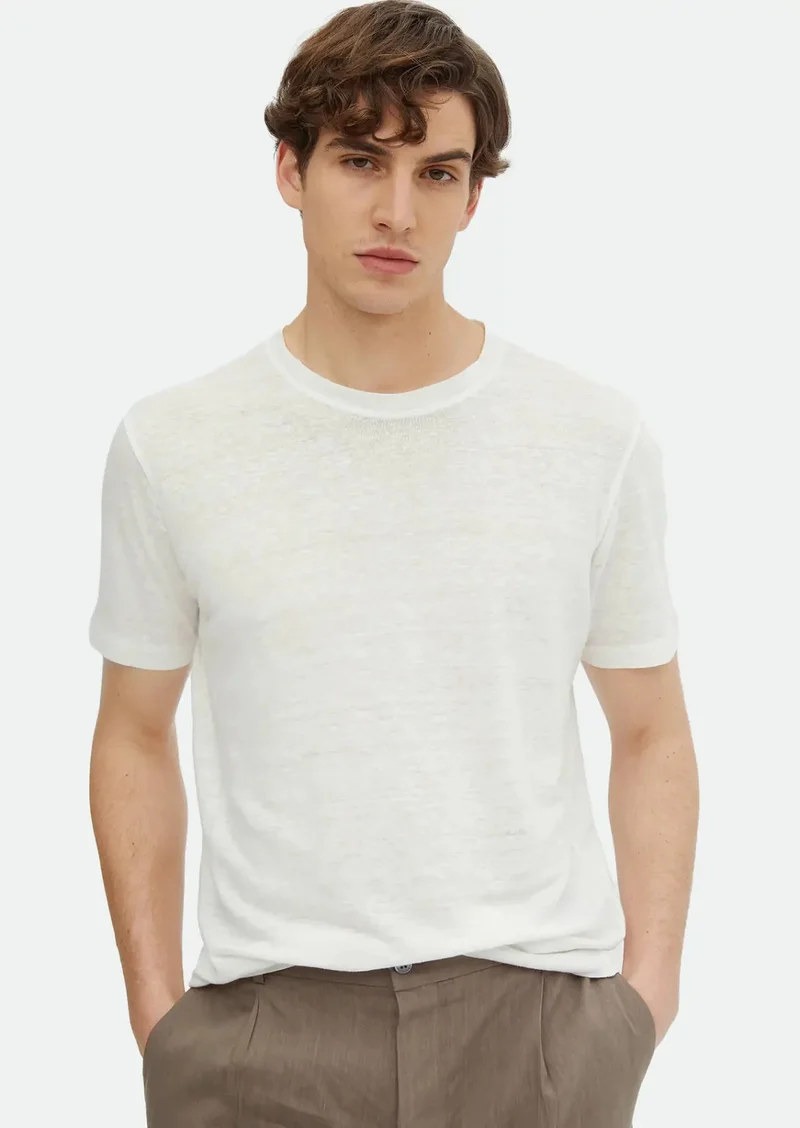 RAMSEY Ecru Plain Crew Neck 100% Linen T-Shirt