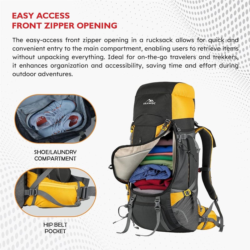 Trawoc TERRABOUND 60 Liter Camping Backpack Trekking Hiking Ruckssack Travel Bag Front & Top Loading Laptop/Rain Cover/Shoe Compartment, HK014 - Image 4
