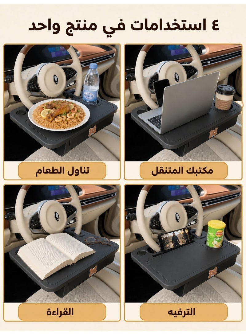 2-in-1 Car Steering Wheel Table & Seat Back Storage Box - Multifunctional Vehicle Tray Desk & Organizer Accessory with Cup Phone Card Holder, Durable HDPE Material for Eating & Dining - Image 4