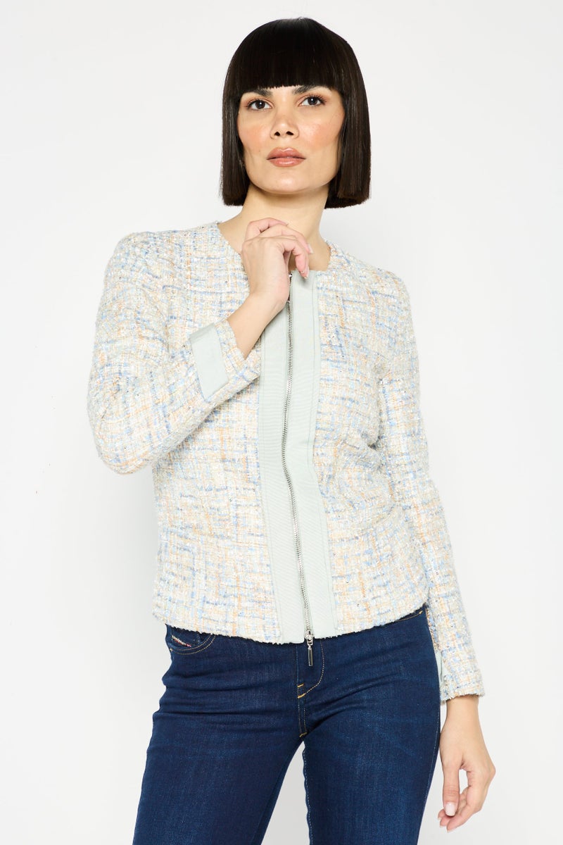 EMPORIO ARMANI Women Textured Full Zip Blazer, White  - Image 1