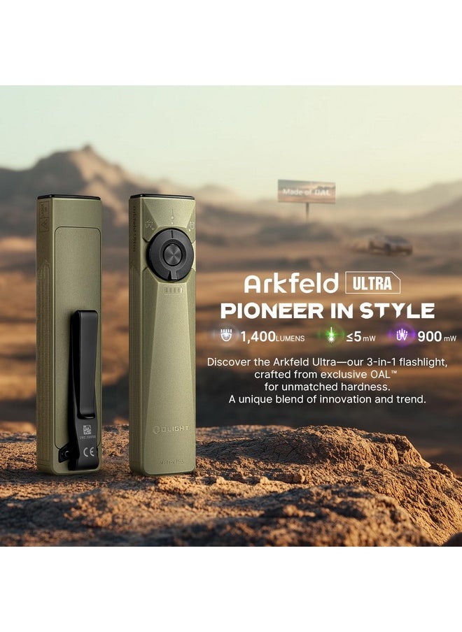 OLIGHT OLIGHT Arkfeld Ultra 1400 Lumens EDC Flat Flashlight, Rechargeable Compact Pocket Flash Light Combines White LED, UV and Green Beam, Triple Sources Perfect for Checking, Working (Olive-Green NW)  - Image 2