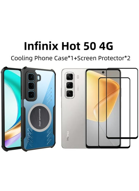 [1+2 Sets] For Infinix Hot 50 4G Case Cover & Screen Protector Magnetic Suction Car Phone Case with Cooling and Anti Drop Function，2 Tempered Flims