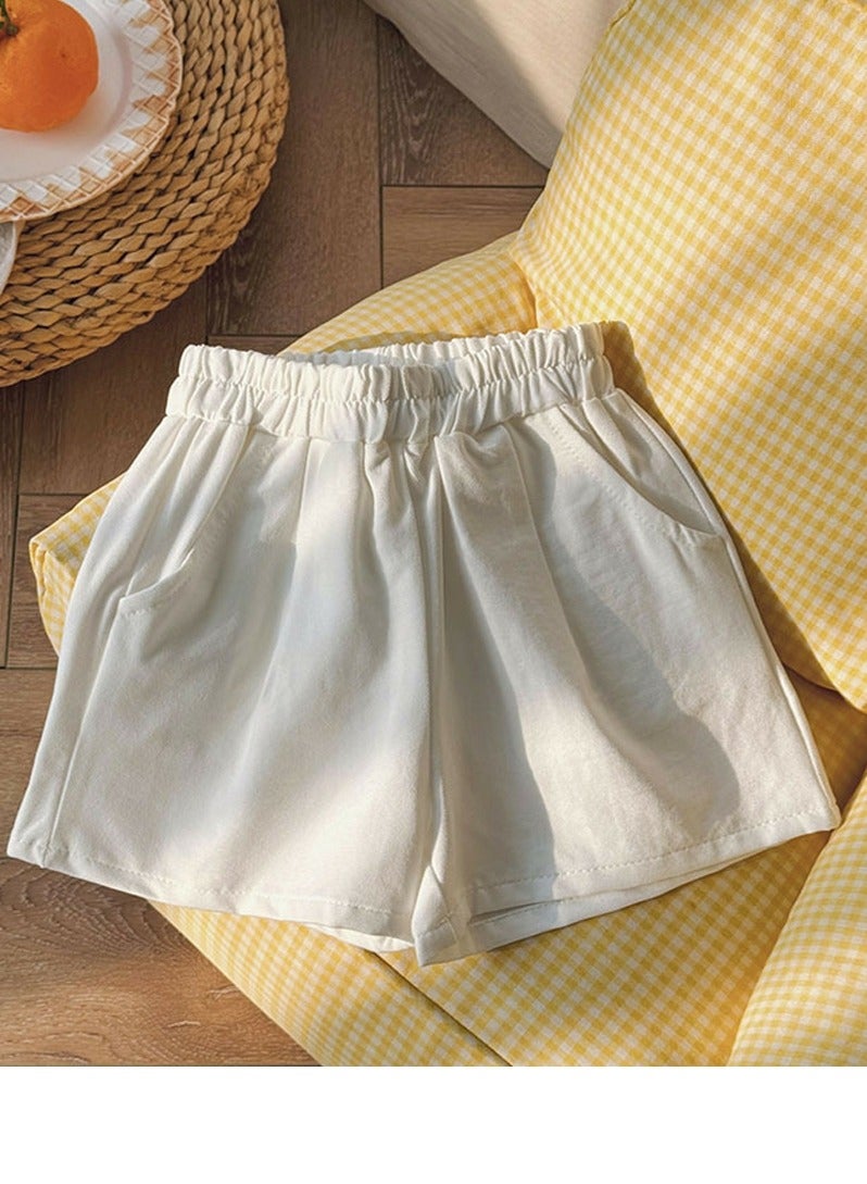 Loquat Girls Solid Color Elastic Waist Shorts With Pockets Summer Casual Wear White 