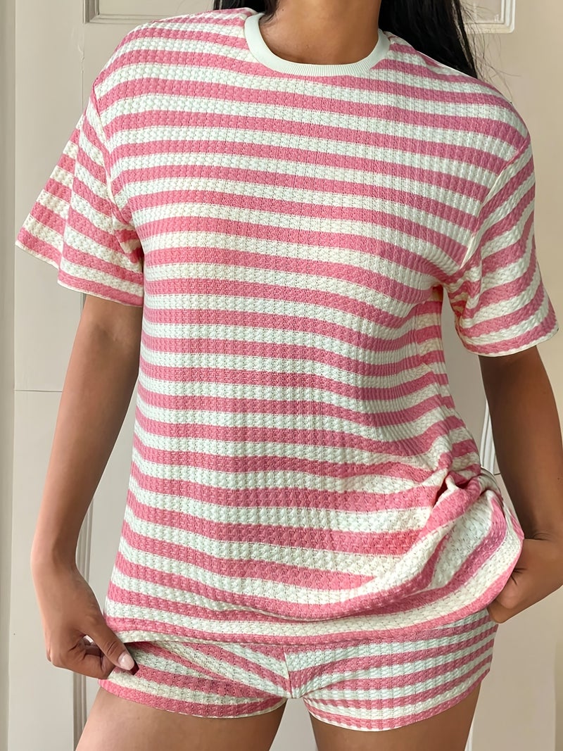 Spring/Summer Women's Casual Outing Fashion Simple Striped Shorts T-Shirt Two-Piece Set - Image 5