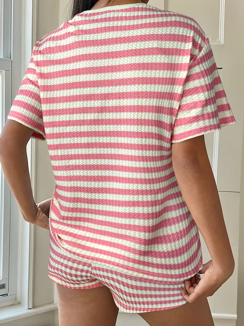 Spring/Summer Women's Casual Outing Fashion Simple Striped Shorts T-Shirt Two-Piece Set - Image 3