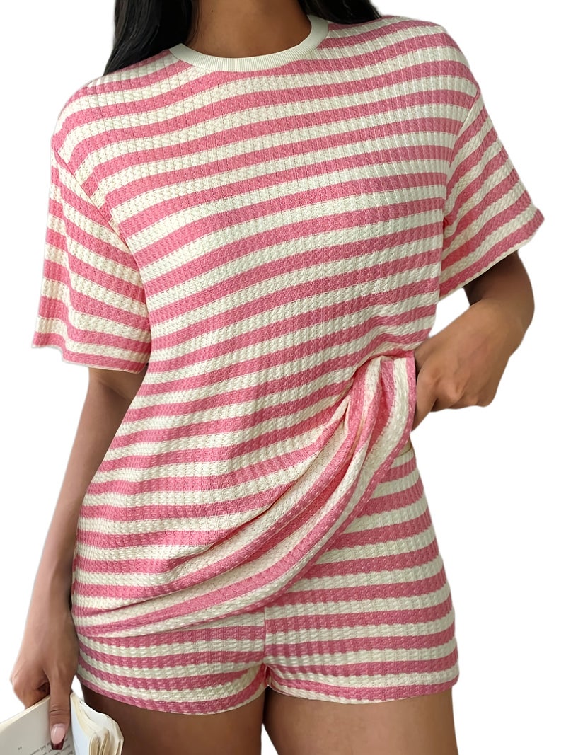 Spring/Summer Women's Casual Outing Fashion Simple Striped Shorts T-Shirt Two-Piece Set - Image 1