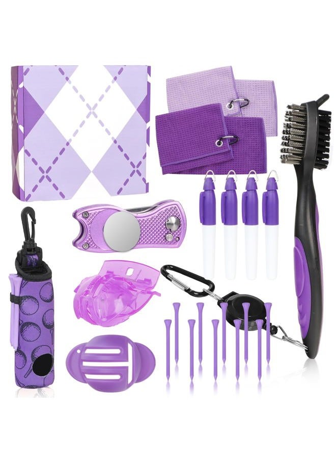 Gosodeny 21 PCS Purple Golf Accessories Kit Golf Club Cleaning Kit Club Groove Cleaner Brush Divot Repair Tool Golf Towel with Clip Ball Bag with Hook Ball Alignment Kit Marking Pen Golf Gift Set Women Men - Image 1