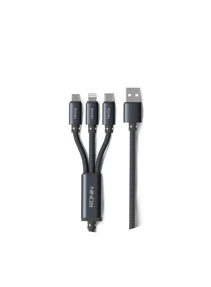رونين كابل رونين سماش R-2015 ثلاثة في واحد - Type-C و Lightning و Micro USB - شحن سريع 2.4 أمبير - تصميم مجدول محمي - مضاد للتشابك - طول 1.2 متر - للايفون والاندرويد والأجهزة اللوحية - رمادي - Image 1