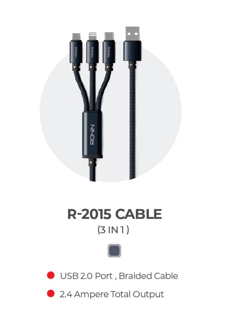 رونين كابل رونين سماش R-2015 ثلاثة في واحد - Type-C و Lightning و Micro USB - شحن سريع 2.4 أمبير - تصميم مجدول محمي - مضاد للتشابك - طول 1.2 متر - للايفون والاندرويد والأجهزة اللوحية - رمادي - Image 2