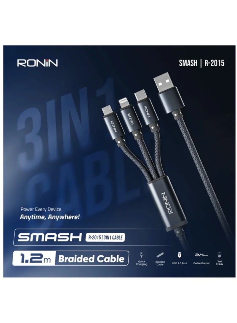رونين كابل رونين سماش R-2015 ثلاثة في واحد - Type-C و Lightning و Micro USB - شحن سريع 2.4 أمبير - تصميم مجدول محمي - مضاد للتشابك - طول 1.2 متر - للايفون والاندرويد والأجهزة اللوحية - رمادي - Image 3