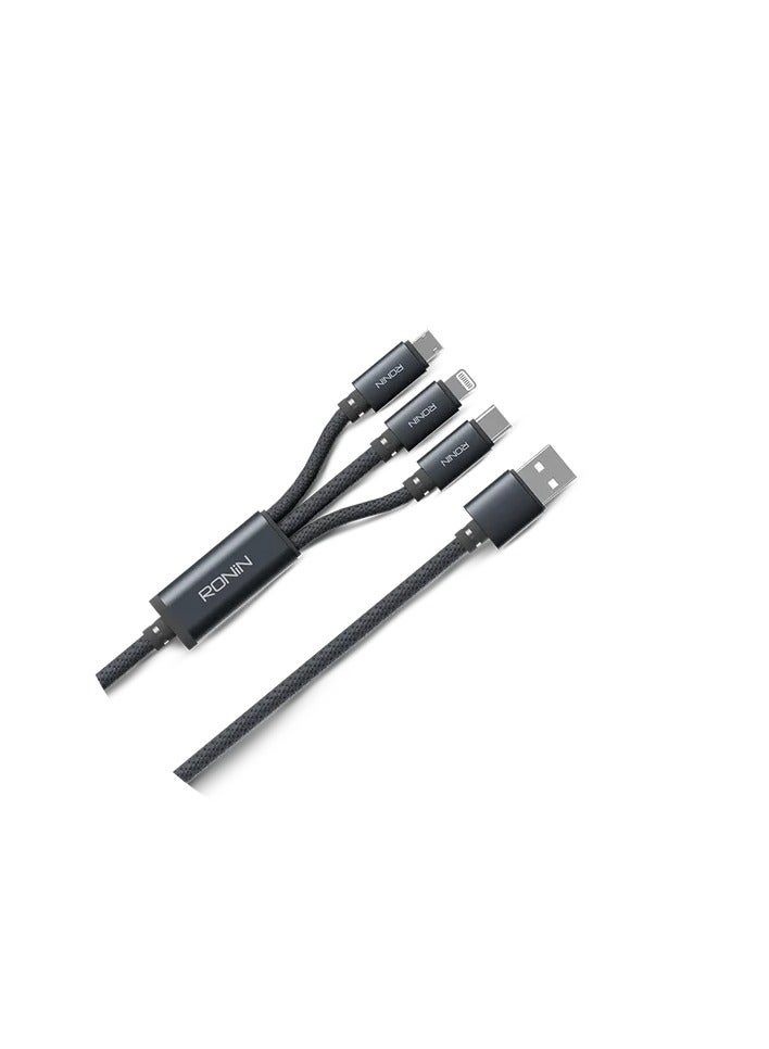 رونين كابل رونين سماش R-2015 ثلاثة في واحد - Type-C و Lightning و Micro USB - شحن سريع 2.4 أمبير - تصميم مجدول محمي - مضاد للتشابك - طول 1.2 متر - للايفون والاندرويد والأجهزة اللوحية - رمادي - Image 4