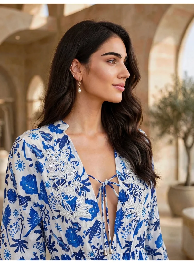 اكسا IKKXA Floral Embroidery V-Neck Tassel-Trimmed Maxi Dress