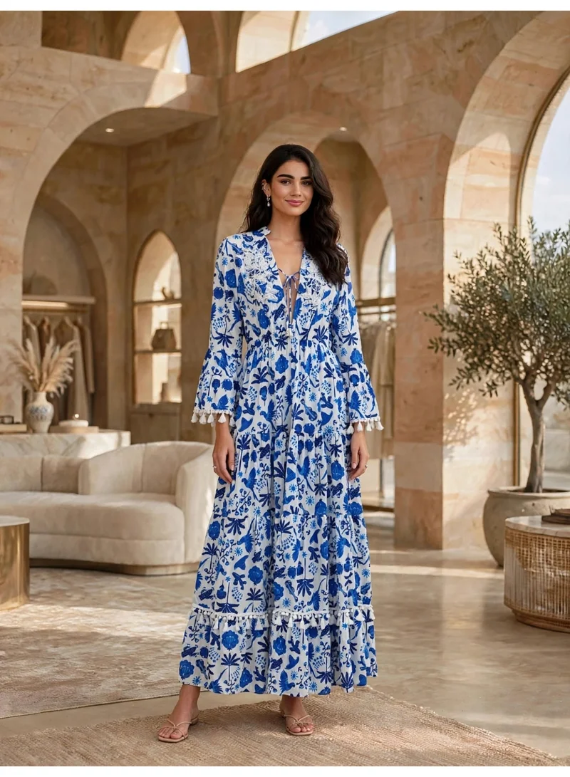 اكسا IKKXA Floral Embroidery V-Neck Tassel-Trimmed Maxi Dress