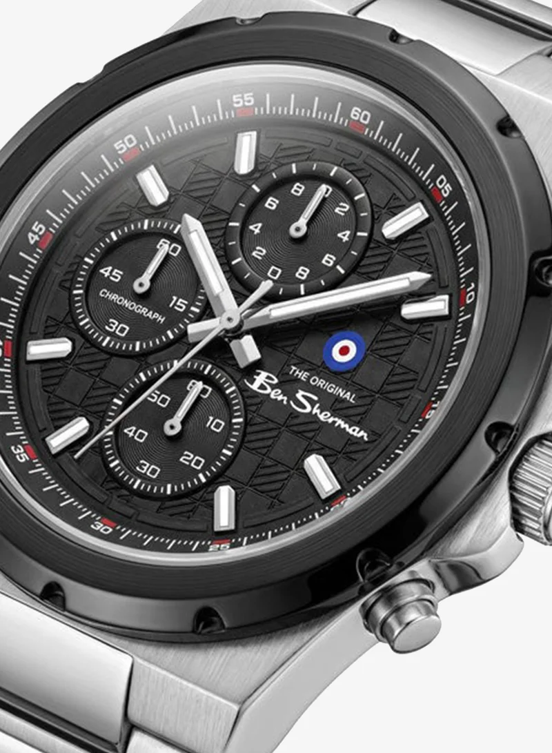 Ben Sherman Manchester  Black Dial Stainless Steel Bracelet Chronograph Watch for Men, 43mm