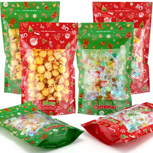 Pajean 50 Pcs Christmas Treat Bags Xmas Candy Plastic Bags Santa Gingerbread Goodies Sealing Package Christmas Stand Pouch for Cookie Snacks Winter Party Favor Storage 86 x 55 x 23 Inch - Image 1