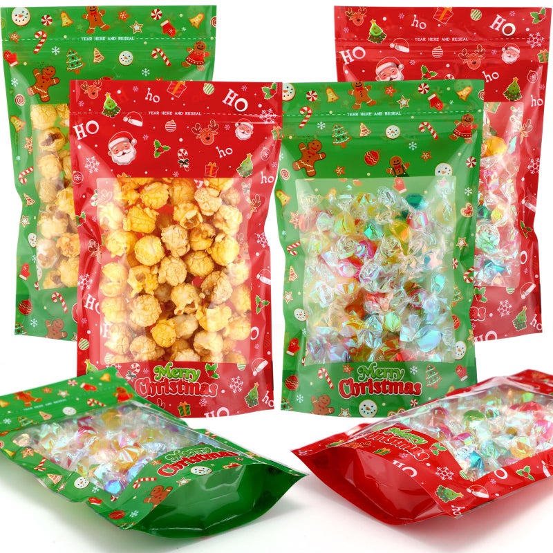 Pajean 50 Pcs Christmas Treat Bags Xmas Candy Plastic Bags Santa Gingerbread Goodies Sealing Package Christmas Stand Pouch for Cookie Snacks Winter Party Favor Storage 86 x 55 x 23 Inch - Image 2