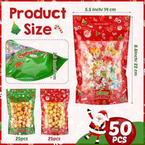 Pajean 50 Pcs Christmas Treat Bags Xmas Candy Plastic Bags Santa Gingerbread Goodies Sealing Package Christmas Stand Pouch for Cookie Snacks Winter Party Favor Storage 86 x 55 x 23 Inch - Image 3