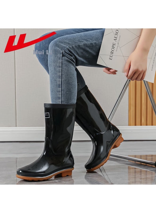 Warrior Huili Women's Mid-calf Rain Boots, Adult Waterproof Shoes, Rubber Overshoes, Water Boots Hxl53-b, Black Mid-calf, Size 40 - Image 1
