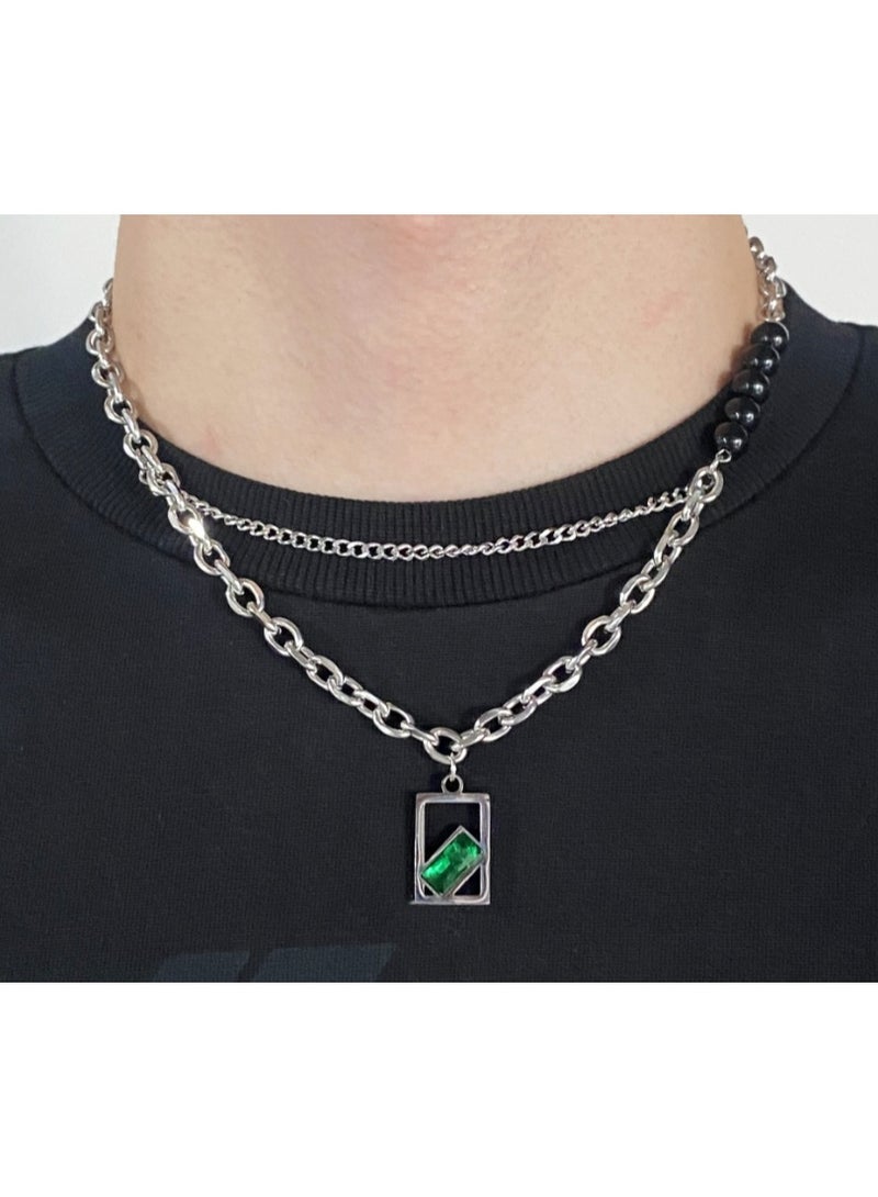 LATEEN Men's Titanium Steel Necklace Silver Trendy Collarbone Chain Rugged Hip Pop Green Stone Style Accessory With Birthday Eid Gift Hypoallergenic & Durable Fashion Jewelry - Image 1