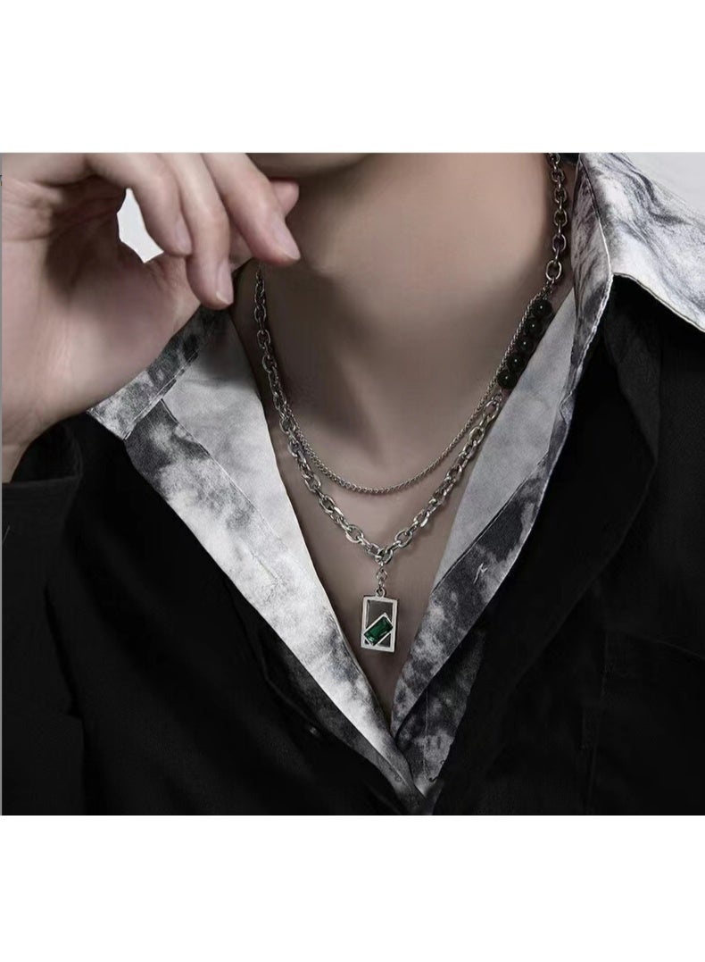 LATEEN Men's Titanium Steel Necklace Silver Trendy Collarbone Chain Rugged Hip Pop Green Stone Style Accessory With Birthday Eid Gift Hypoallergenic & Durable Fashion Jewelry - Image 2