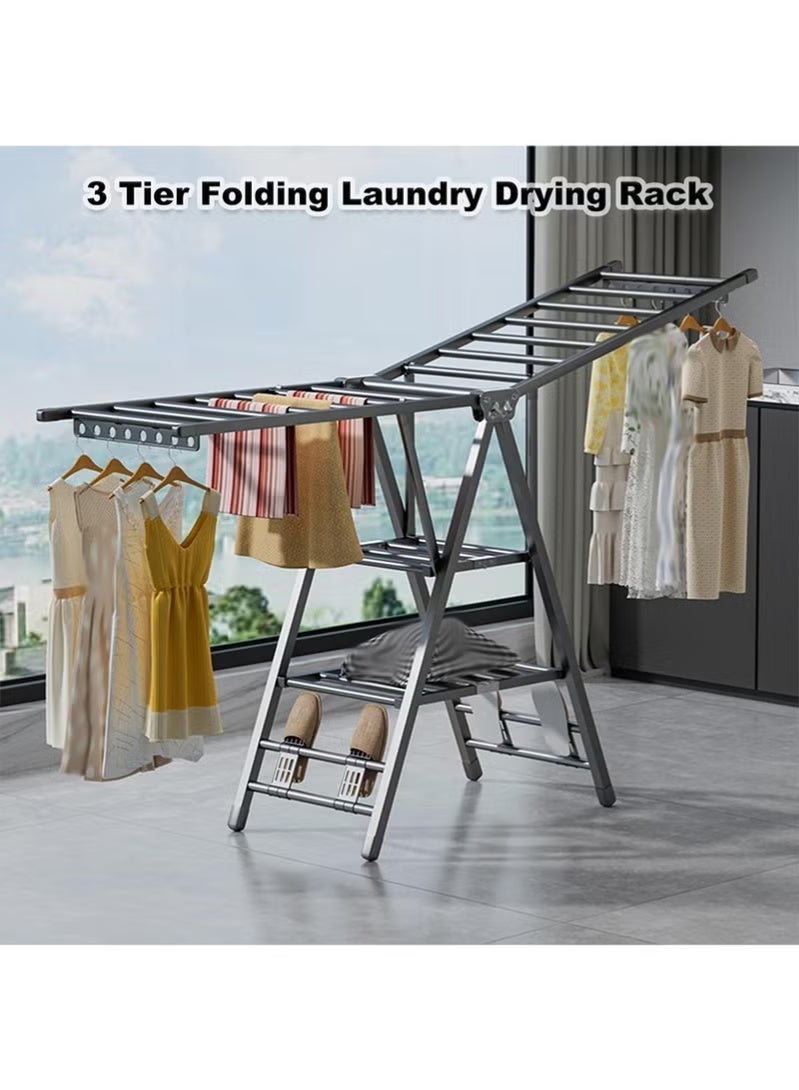 Foldable clothes drying rack with 4 shoe racks, extends up to 180cm, three-tiered design, 3 adjustable height levels, windproof, suitable for both indoor and outdoor use. - Image 1