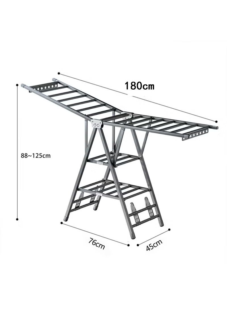 Foldable clothes drying rack with 4 shoe racks, extends up to 180cm, three-tiered design, 3 adjustable height levels, windproof, suitable for both indoor and outdoor use. - Image 2