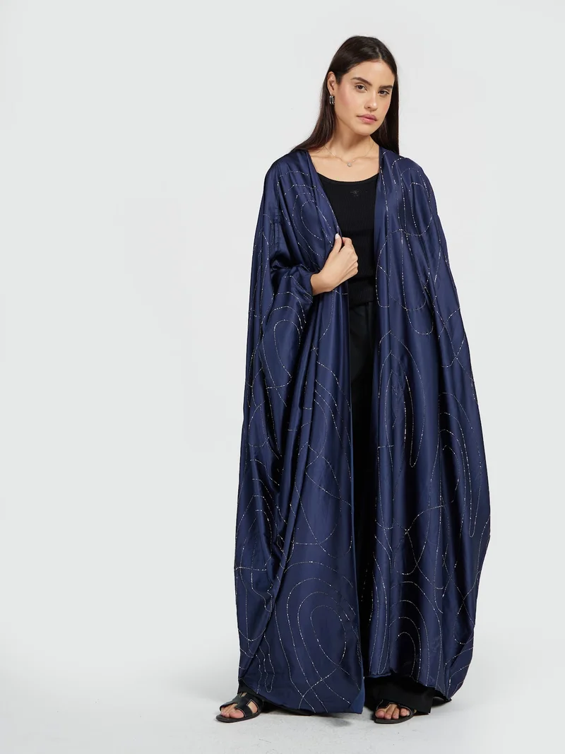 Reem Abayas Midnight Navy Blue Sequin Draped Abaya - Luxury Modest Evening Wear