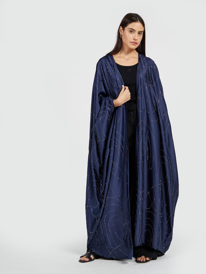 Reem Abayas عباءة زرقاء داكنة مزينة بخيوط فضية - ملابس مسائية فاخرة محتشمة - Image 2