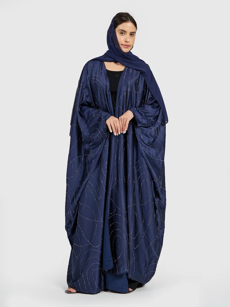 Midnight Navy Blue Sequin Draped Abaya - Luxury Modest Evening Wear