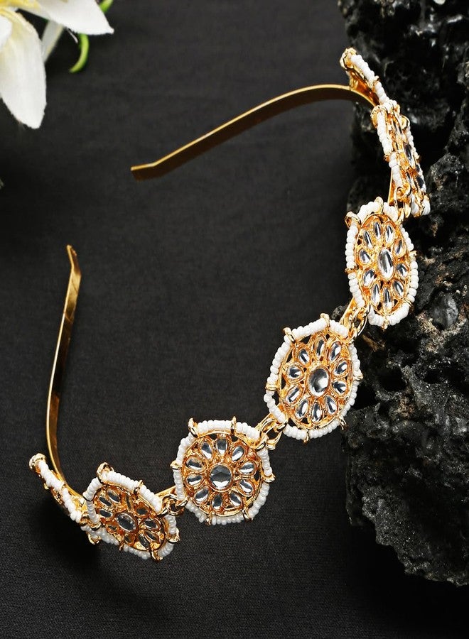 YouBella Gifts Floral Kundan Studded Matha Patti Sheesh Patti Wedding Hairband Traditional Golden Celebrity Headband Hair Accessory Jewellery for Women and Girls (Golden) (YBHAIR_41749) - Image 2