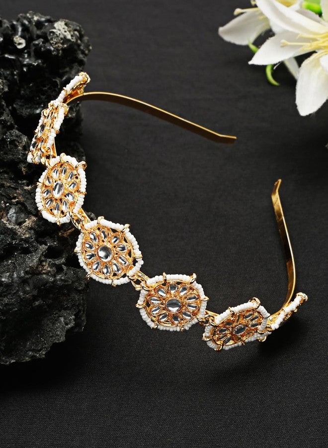 YouBella Gifts Floral Kundan Studded Matha Patti Sheesh Patti Wedding Hairband Traditional Golden Celebrity Headband Hair Accessory Jewellery for Women and Girls (Golden) (YBHAIR_41749) - Image 3