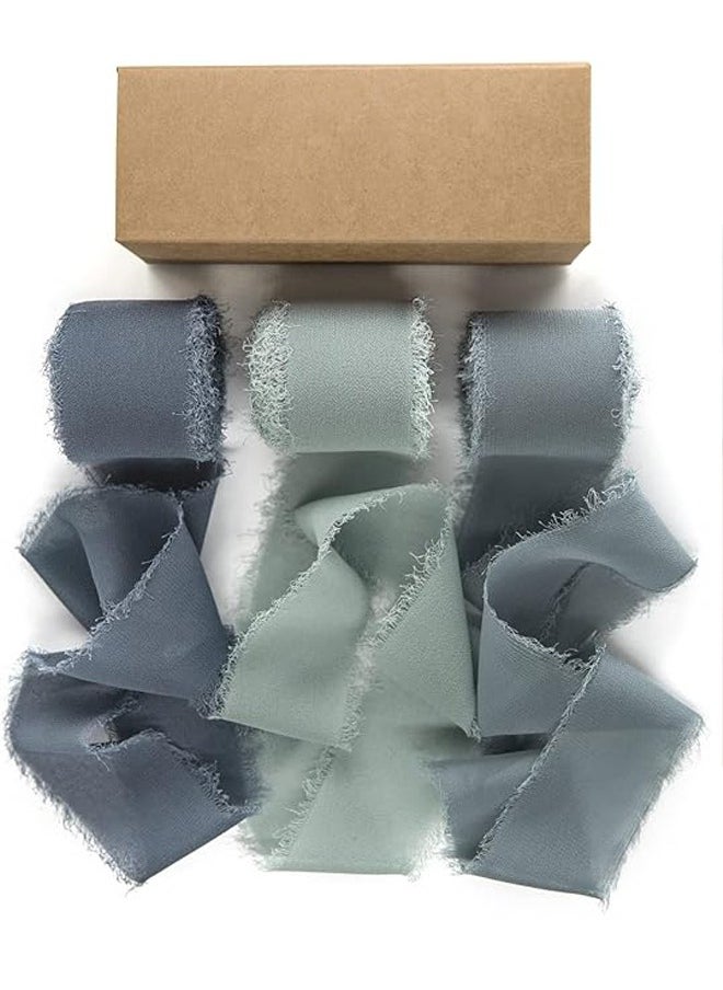 Zeemey 3 Rolls Handmade Fringe Chiffon Silk Ribbon 1 1/2 Inch x 7Yd Dusty Blue Ribbons Set for Wedding Invitations Bridal Bouquets Gifts Wrapping DIY Crafts(4cm*5m)  - Image 1