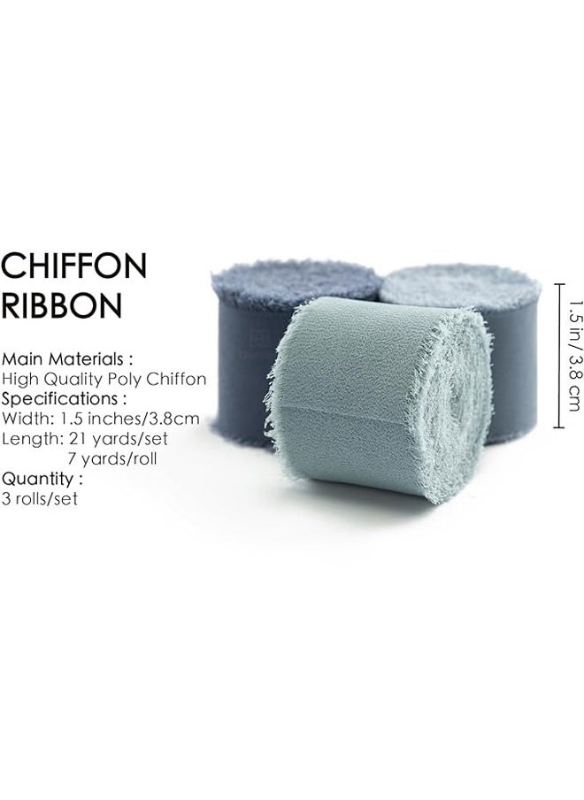 Zeemey 3 Rolls Handmade Fringe Chiffon Silk Ribbon 1 1/2 Inch x 7Yd Dusty Blue Ribbons Set for Wedding Invitations Bridal Bouquets Gifts Wrapping DIY Crafts(4cm*5m)  - Image 2