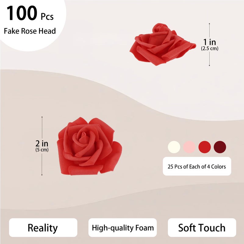 Vignor 100 Pcs 2 Inch Artificial Flowers Faux Foam Fake Rose Head Bulk for Home Decor Wedding Decoration Bridal Shower Wall Table Centerpiece Arrangement DIY Craft (4 Shades of Red Ivory) - Image 2
