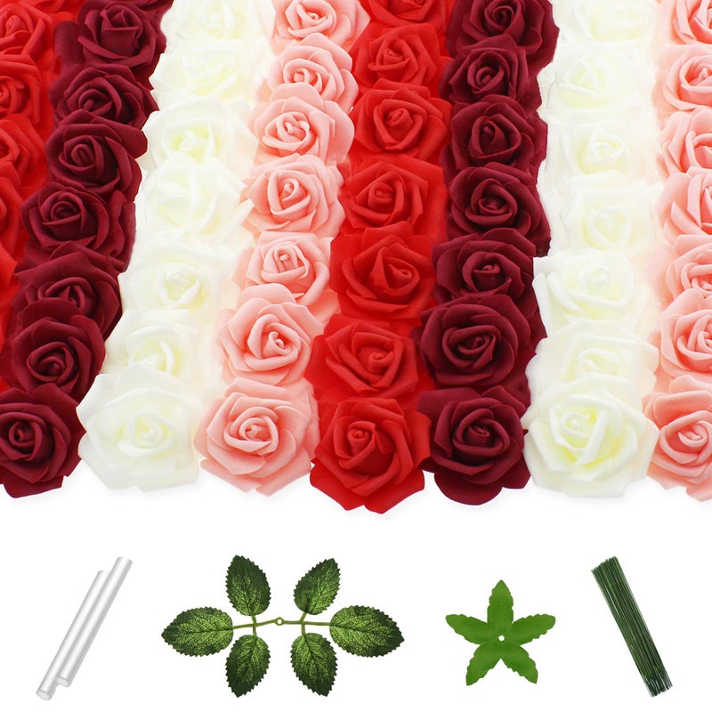 Vignor 100 Pcs 2 Inch Artificial Flowers Faux Foam Fake Rose Head Bulk for Home Decor Wedding Decoration Bridal Shower Wall Table Centerpiece Arrangement DIY Craft (4 Shades of Red Ivory) - Image 1