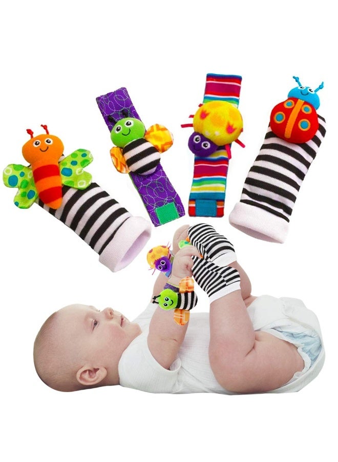 Hugifts 4‑Pack Baby Wrist Rattle & Foot Finder Socks Set, Cartoon Insect Infant Sensory Educational Toys for 3‑12 Months Newborn - Image 1