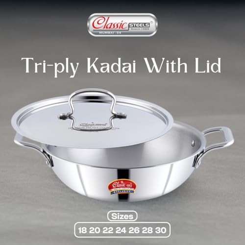Classic Steels Triply Stainless Steel Kadai with Lid (28cm, 3.7L) | 2.5 mm Thick | Induction Bottom | Heavy Gauge Stainless Steel Cookware Kadhai | 5 Year Warranty - Image 3