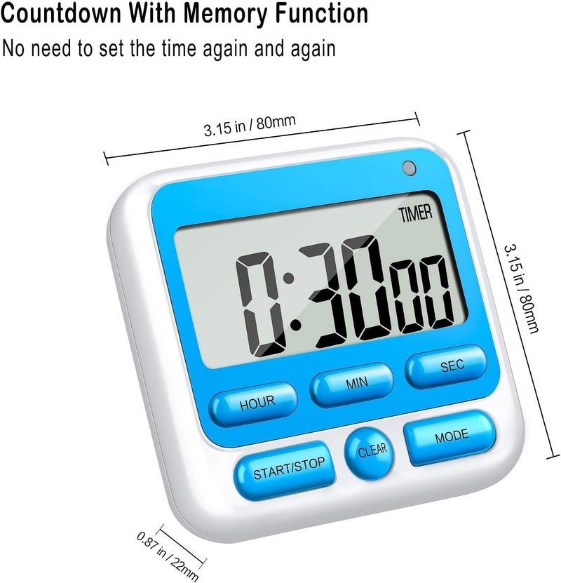 DHARVIM Digital Kitchen Timer with MuteLoud Alarm Switch ONOff Switch24 Hour ClockAlarmMemory Function Count UpCount Down for Kids Teachers CookingLarge LCD DisplayStrong Magnet Blue - Image 3
