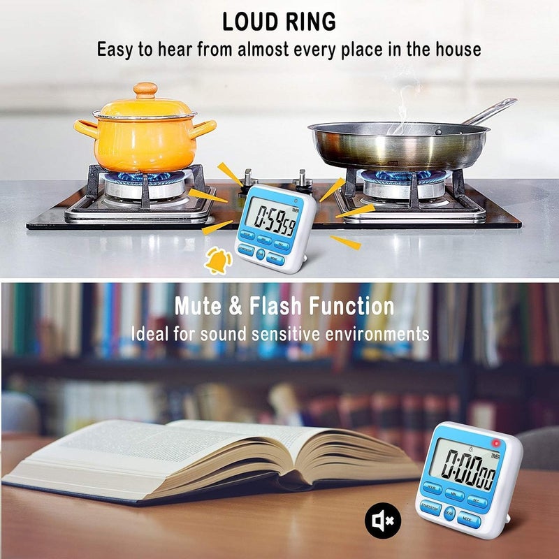 DHARVIM Digital Kitchen Timer with MuteLoud Alarm Switch ONOff Switch24 Hour ClockAlarmMemory Function Count UpCount Down for Kids Teachers CookingLarge LCD DisplayStrong Magnet Blue - Image 5