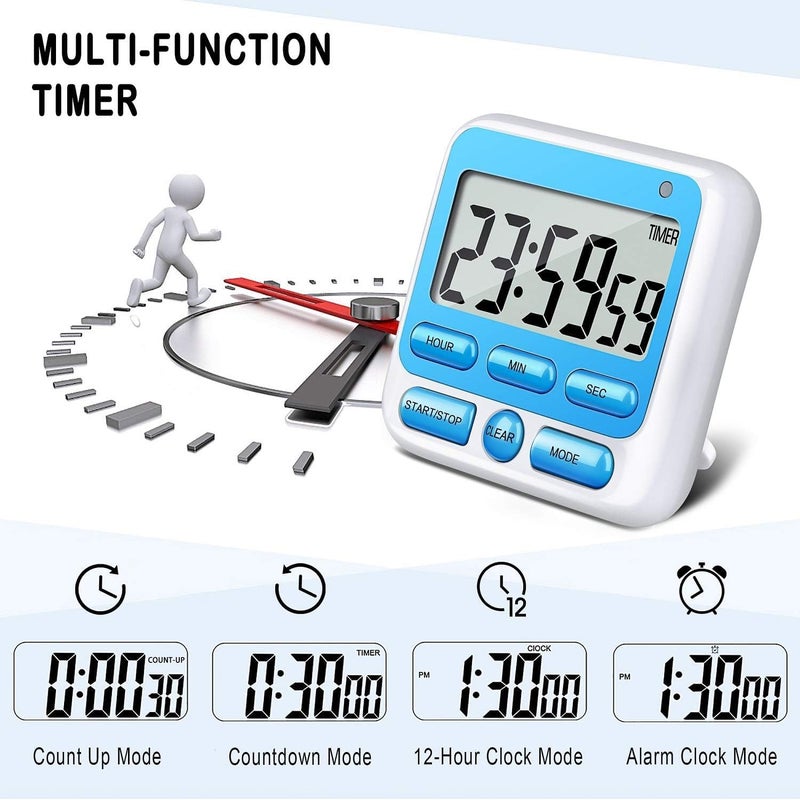 DHARVIM Digital Kitchen Timer with MuteLoud Alarm Switch ONOff Switch24 Hour ClockAlarmMemory Function Count UpCount Down for Kids Teachers CookingLarge LCD DisplayStrong Magnet Blue - Image 2