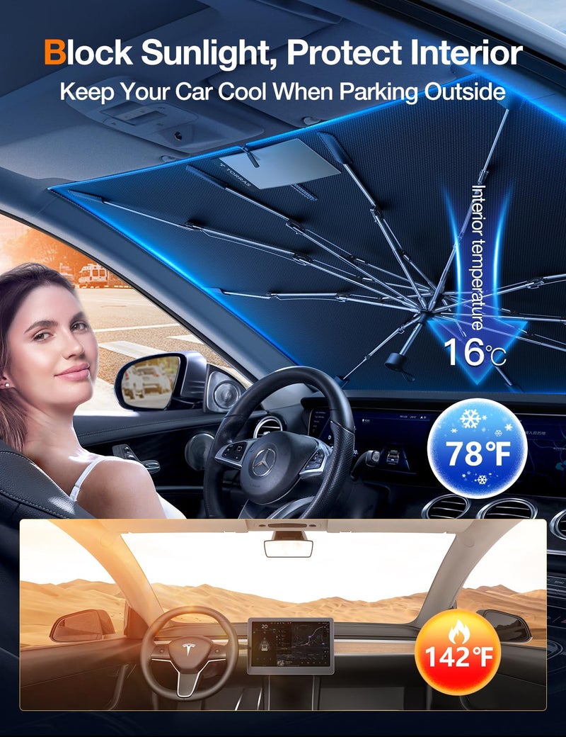 TORRAS Car Windshield Sun Shade Umbrella with Organizer Foldable Shades for Front Window Cover with Mirror Zipper Block UV Rays & Heat Fit Most Vehicles,Keep Cool M(56 * 33inch) - Image 4