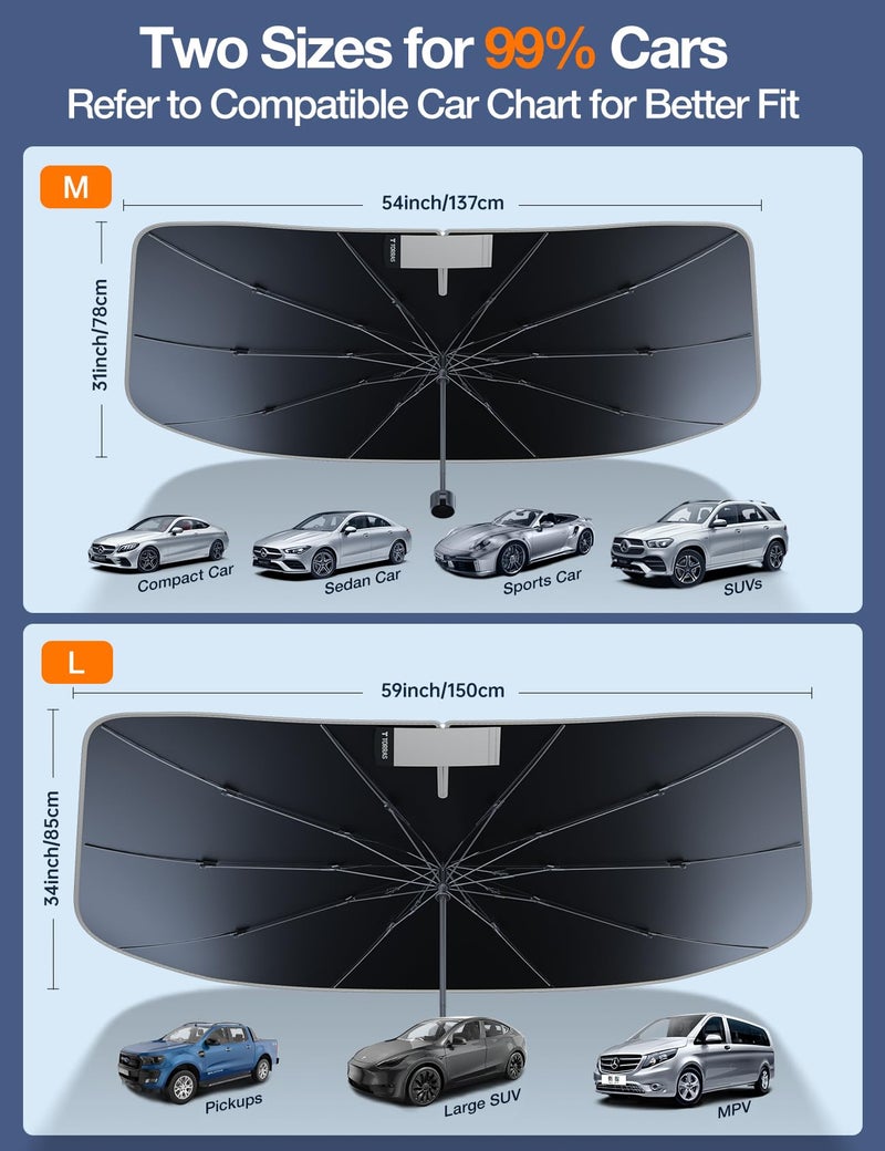 TORRAS Car Windshield Sun Shade Umbrella with Organizer Foldable Shades for Front Window Cover with Mirror Zipper Block UV Rays & Heat Fit Most Vehicles,Keep Cool M(56 * 33inch) - Image 2