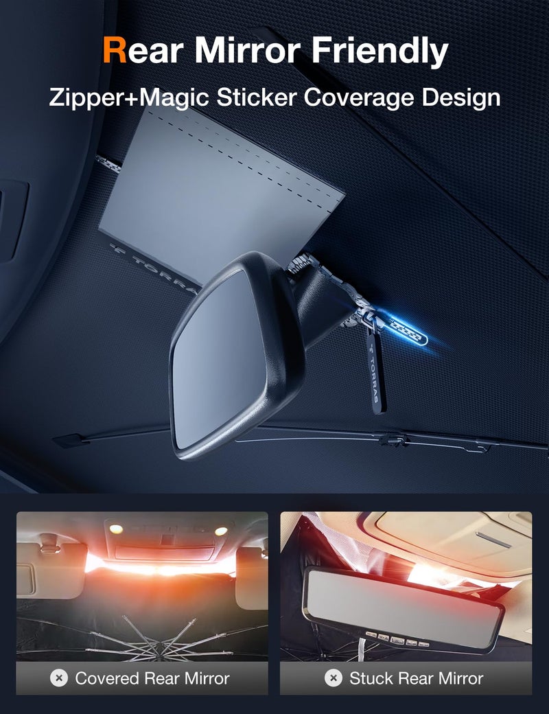 TORRAS Car Windshield Sun Shade Umbrella with Organizer Foldable Shades for Front Window Cover with Mirror Zipper Block UV Rays & Heat Fit Most Vehicles,Keep Cool M(56 * 33inch) - Image 3