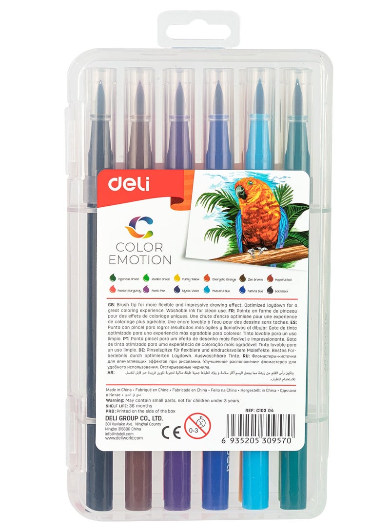 Deli EC10304 COLOR EMOTION Washable Felt Pen Set, 12 Colors, Soft Brush Tip 1.0-8mm, Bright & Non-Toxic - Image 5