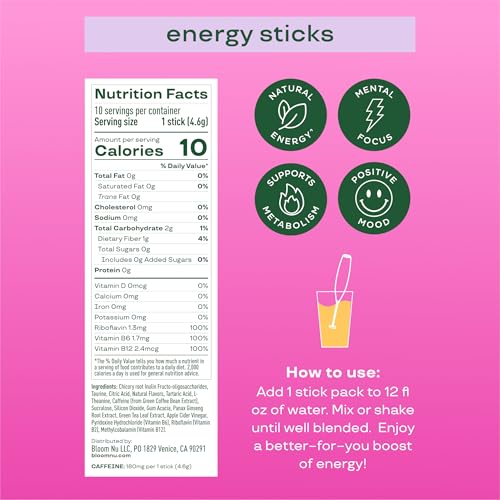 Bloom Nutrition Energy Drink Powder Packets, Sugar Free Energy Drink Mix with L-Theanine, B Vitamins & Natural Caffeine, On the Go Powder Sticks for Natural Energy, 10 Calories (10 Pouches (Pack of 1), Raspberry Lemonade) - Image 4