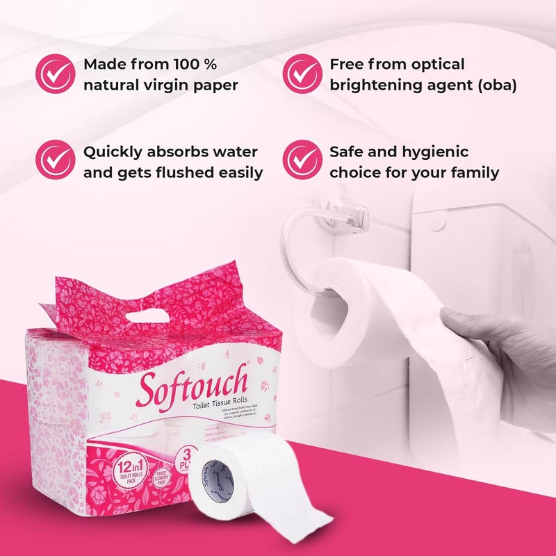 Softouch Ultra Soft 3 Ply Toilet Paper Pack of 24 Family Mega Tissue Rolls Strong Bathroom Tissue Total 1680 Pulls 12 Regular Rolls - Image 4
