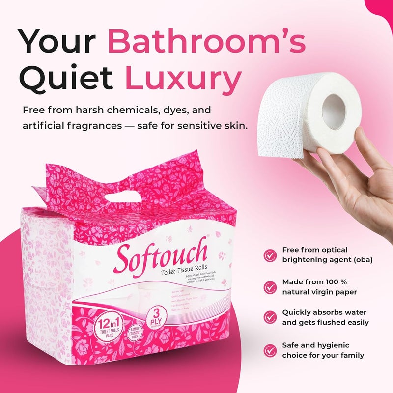 Softouch Ultra Soft 3 Ply Toilet Paper Pack of 24 Family Mega Tissue Rolls Strong Bathroom Tissue Total 1680 Pulls 12 Regular Rolls - Image 5
